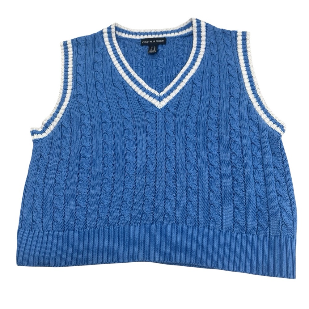 Streetwear Society Striped Blue Sleeveless‎ Knit Sweater Vest Size Large Jumper